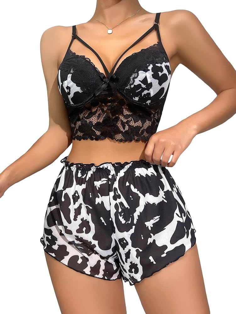 WDIRARA Women's 2 Piece Set Cow Print Cut Out Swimwear Contrast Lace Bow Front Pajama Set