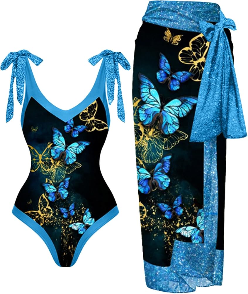 Womens Swimsuits with Matching Cover Ups Skirts 1-Piece Monokinis Beachwear Print Two Piece Bathing Suits