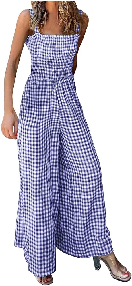 SMIDOW Sleeveless Jumpsuits For Women Elegant Sleeveless Smocked Jumpsuit Plaid Gingham Wide Leg Long Bib Pants Romper