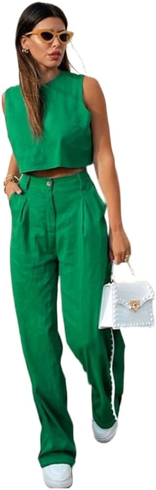 Women Smart Casual Two (2) Piece Chic Matching Set Outfit, Sleeveless Crop Top, Chic Pants with Pockets