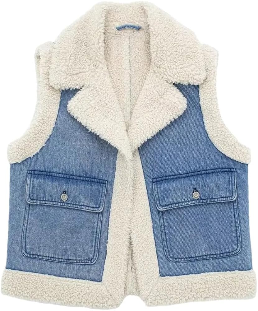 Fleece Denim Vest For Women, Autumn Winter Quilted Sleeveless Pocket Cardigan, Casual Lapel Patchwork Waistcoat