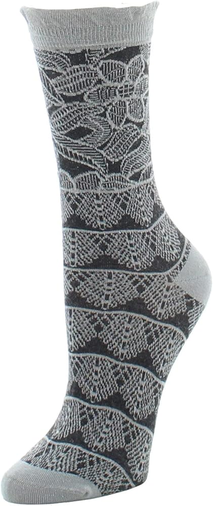 Natori Lace Trellis Cotton Blend Crew Socks Light Gray Heather One Size