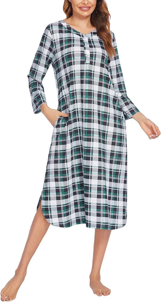 Ekouaer Womens Long Nightgowns Plaid Sleepwear Soft Loose Nightshirt 3/4 Sleeve Plus Size Housecoat with Button & Pockets