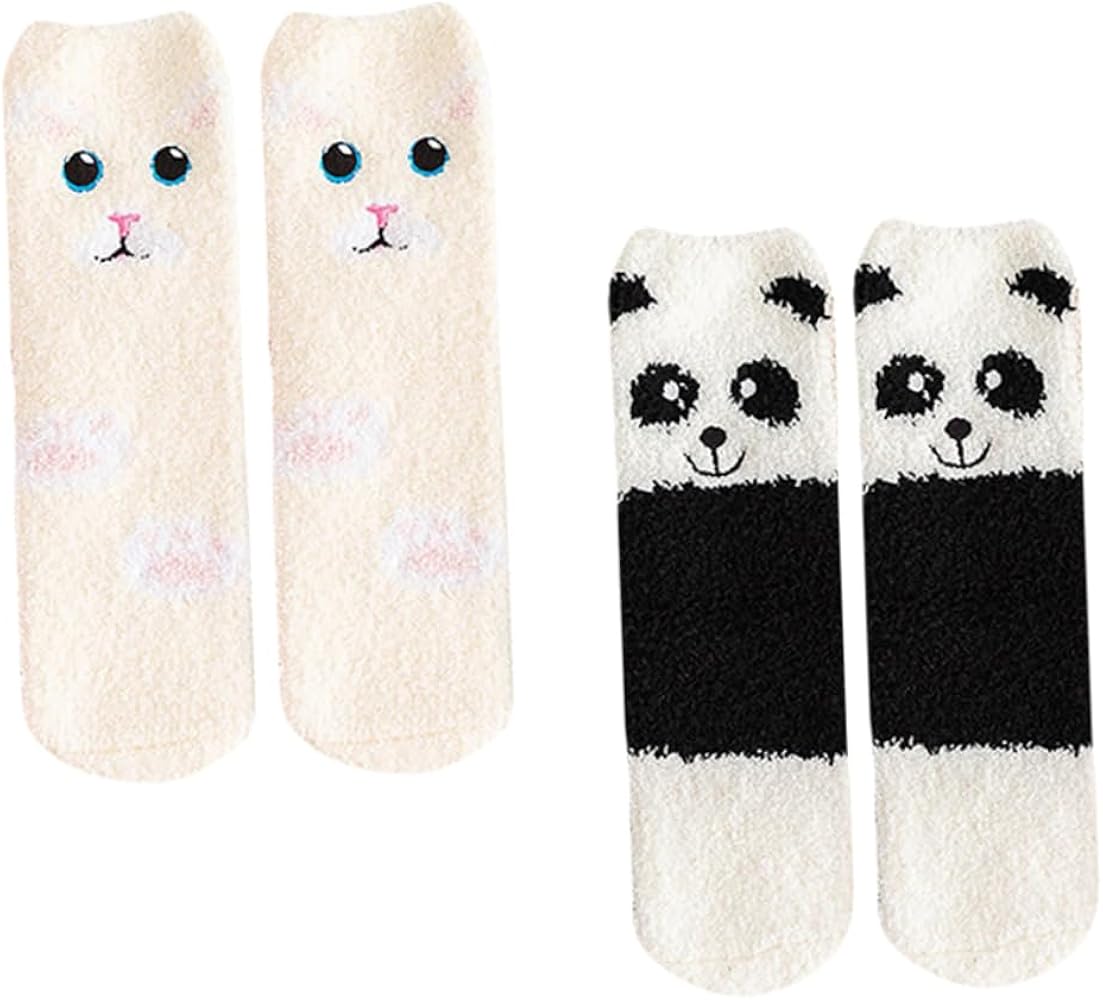 2 Pairs Tube Socks Fluffy Socks Non Slip Girls Slide Sandals Sleeping Socks Womens Socks Hosiery Stuffed Panda Adult Christmas Women's Socks Miss Household Coral Fleece