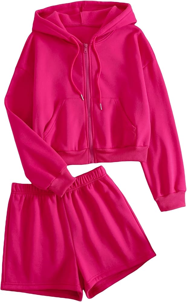 Floerns Women's 2 Piece Tracksuit Drawstring Zipper Hoodie Sweatshirt and Track Shorts Set Hot Pink XS