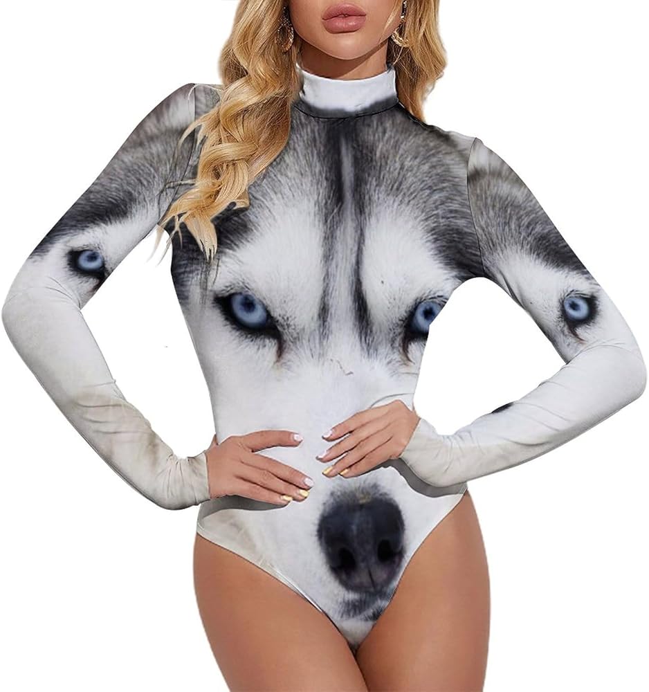 Cute Husky Women's Bodysuit Tops Turtle Neck Long Sleeve Jumpsuit Print T Shirt