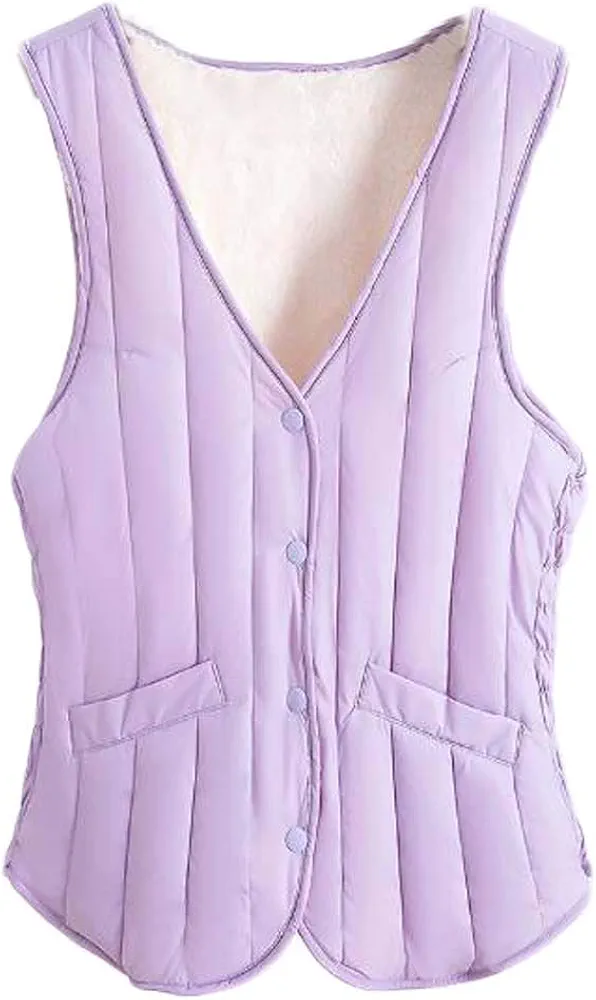 Women V-Neck Padded Waistcoat Autumn Bodysuit Vest Winter Warm Quilted Vest Sleeveless Jacket, Purple