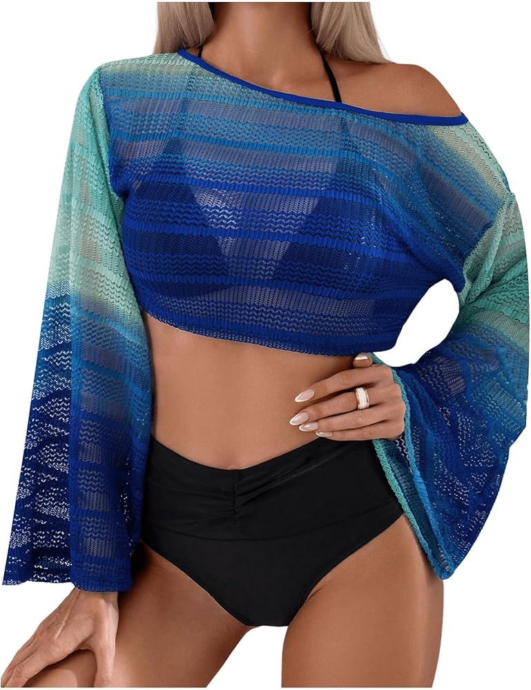 SweatyRocks Women's Colorblock Sheer Long Sleeve Cover Ups Boat Neck Swimsuits Coverups