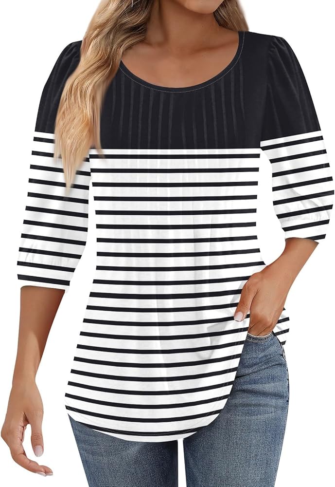 Women's Summer Puff 3/4 Sleeve Tops Trendy Stripe Printed Pleated Blouses Dressy Casual Going Out Fall T-Shirts