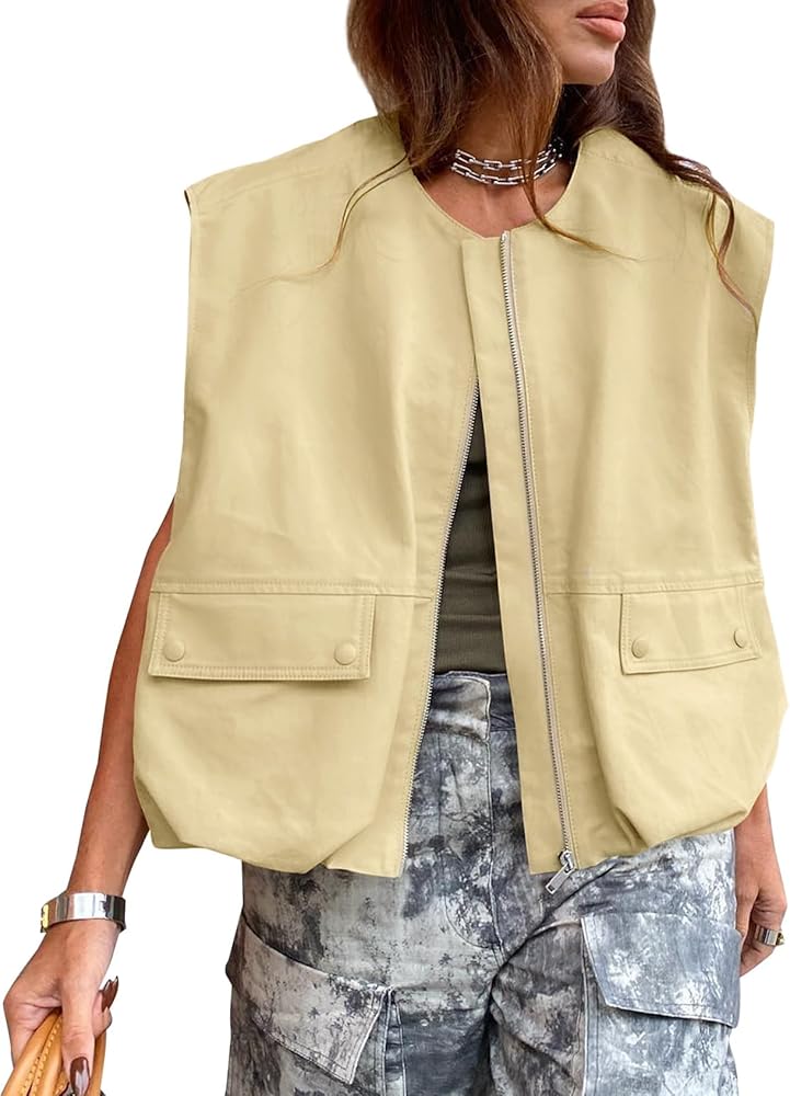 Womens Oversized Zip Up Cargo Vest Fashion Casual Ruched Hem Sleeveless Blazer Jackets Vest Top with Pockets