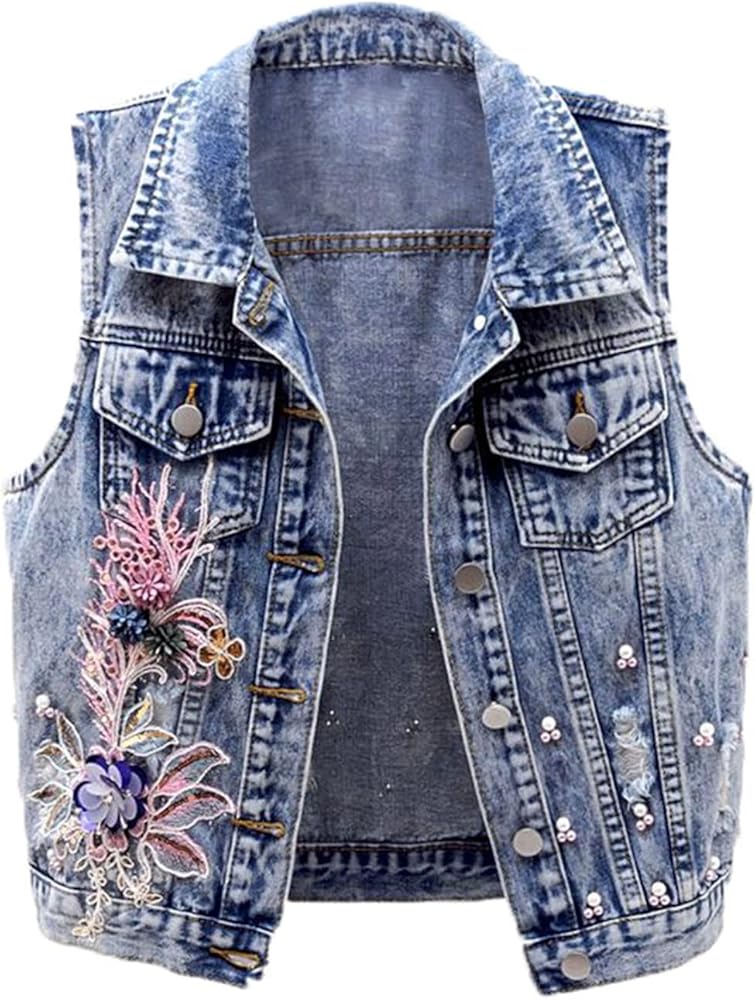 Women Denim Vest Jacket Autumn Embroidery Waistcoat Beads Sleeveless Hole Vest Jacket