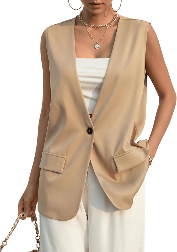 SweatyRocks Women's Elegant Sleeveless Blazer Jacket Vest Open Front Long Cardigan Khaki XS