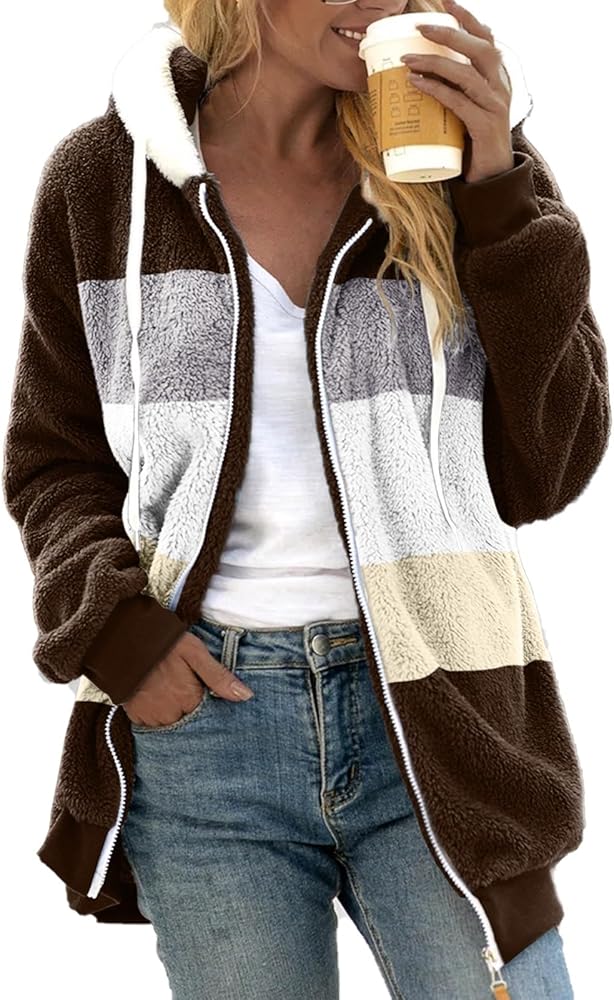 Sherpa Fleece Jackets for Women with Full Zipper Loose Fit Fuzzy Cardigan Coat Winter Warm Plus Size Jacket