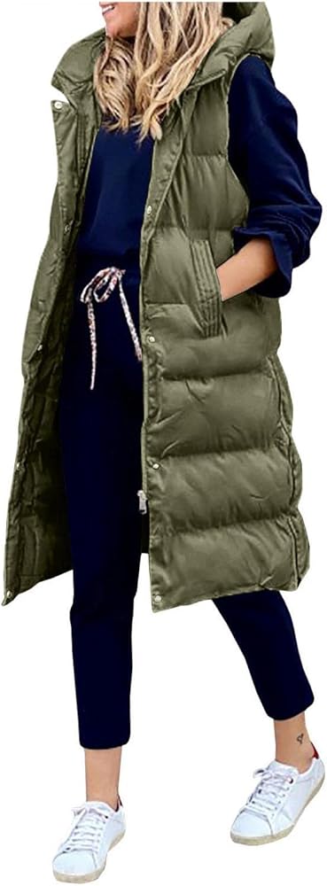 Women's Long Winter Vest Jacket, Sleeveless Warm Down Coat Quilted Waistcoat Casual Single-breasted Hoodie with Pockets