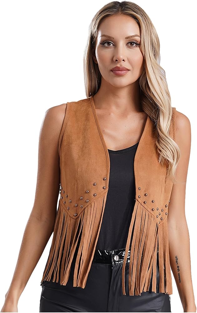 Women's Tassels Fringe Rivets Sleeveless Vest Cardigan Waistcoat Jacket Hippie Faux Suede Tops