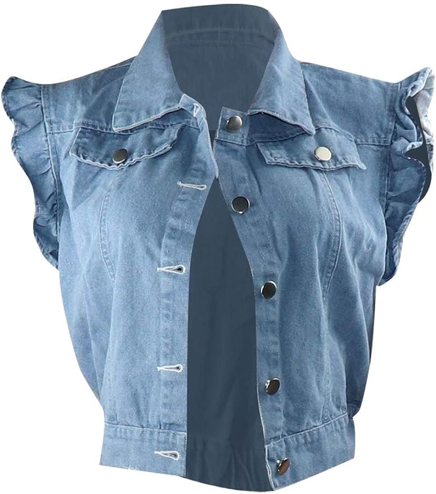 LifeShe Women's Cropped Denim Jacket Ruffle Short Sleeve Jacket Sleeveless Jean Vest