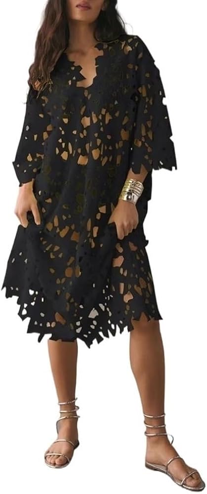 Women's Crochet Cover Ups Hollow Out Bikini Swimwear Cover Ups V Neck Long Sleeve Lace See Through Dress