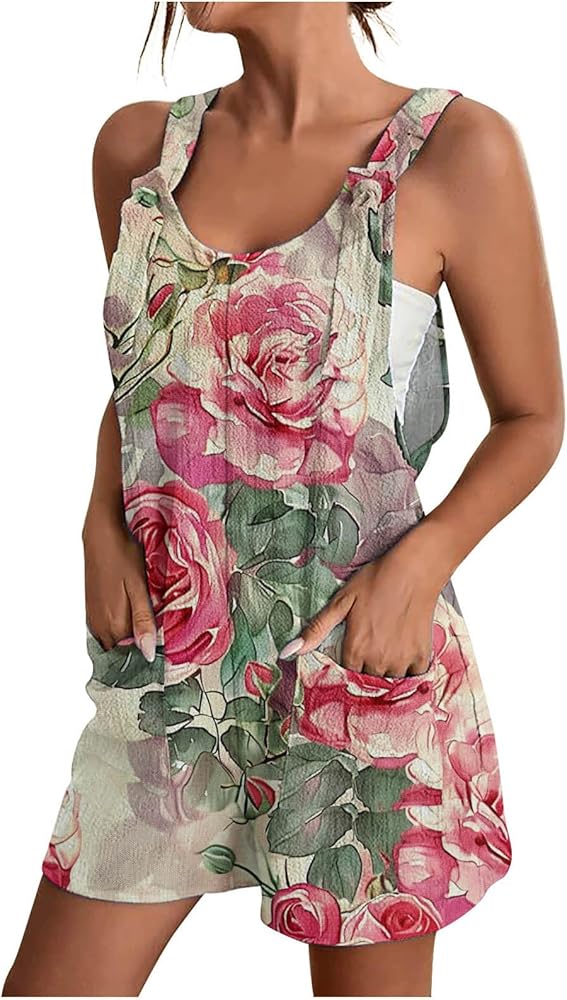 Women's 2024 Summer Trendy Short Jumpsuit Sleeveless Floral Printing Rompers Casual Pockets Tank Overalls