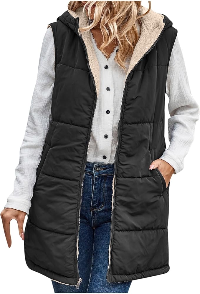 Womens 2023 Fall Reversible Vests Sleeveless Puffer Vest Fleece Hooded Jacket Long Jacket Warm Winter Coat Outerwear