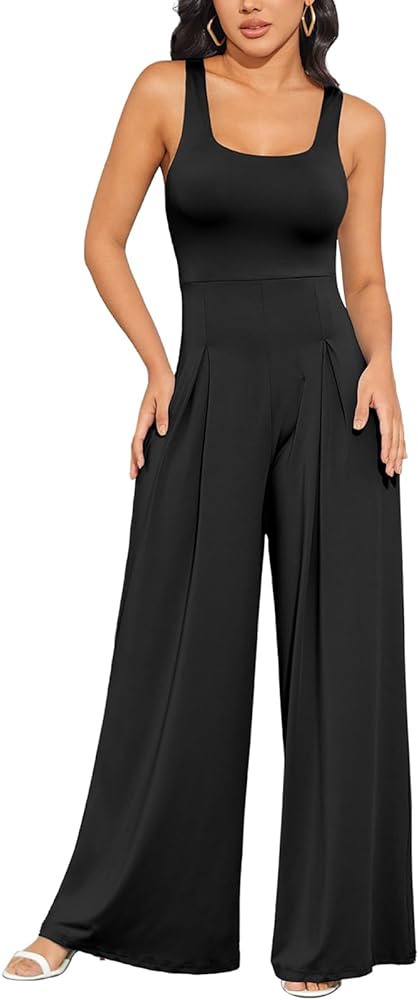 Salimdy Womens Casual Square Neck Loose Overalls Jumpsuits One Piece Sleeveless Wide Leg Long Pant Rompers