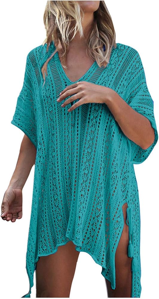 Women's Summer Swimsuits Cover Ups Casual Solid Crochet Short Sleeve Pullover Bathing Suit 2024 Beach Dress