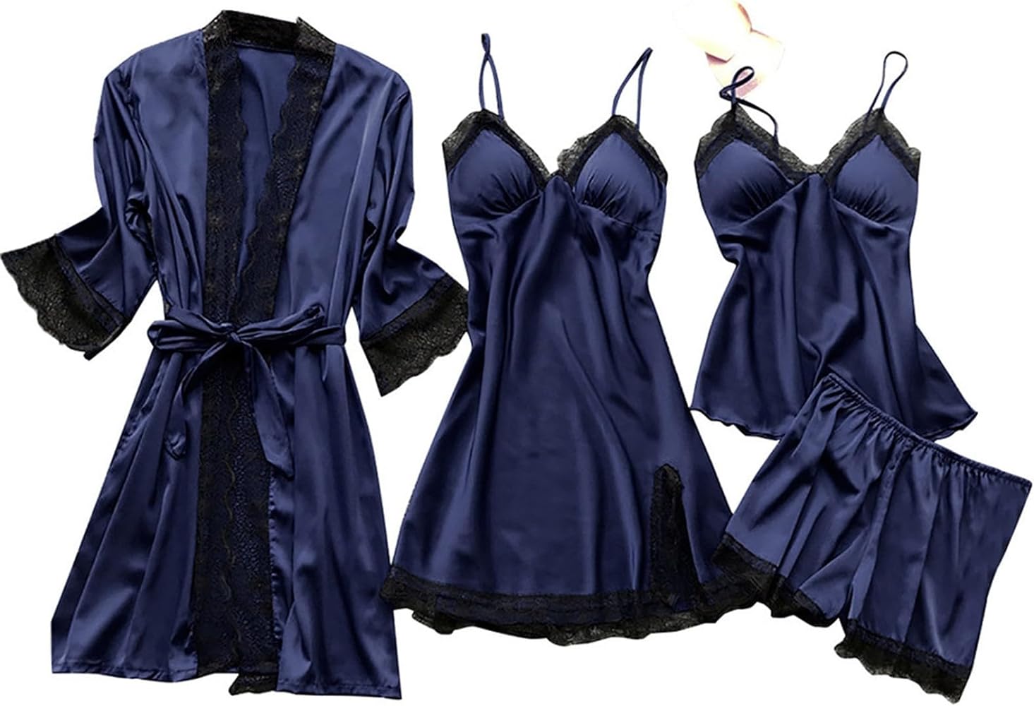 Women Silk Sleepwear 4 Piece Satin Pajamas Set Lace-Trim Cami Tops Soft Sleep Dress Shorts Nightgown Lounge Sets Robe