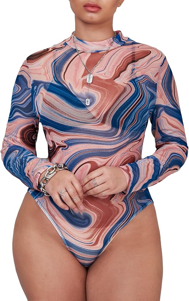 OYOANGLE Women's Plus Size Graphic Print Sheer Mock Neck Long Sleeve Slim Fit Bodysuit Leotard Tops Streetwear