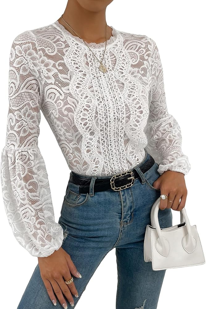 OYOANGLE Women's Floral Lace Long Sleeve Bodysuit Lantern Sleeve Elegant Blouse Tops Shirt