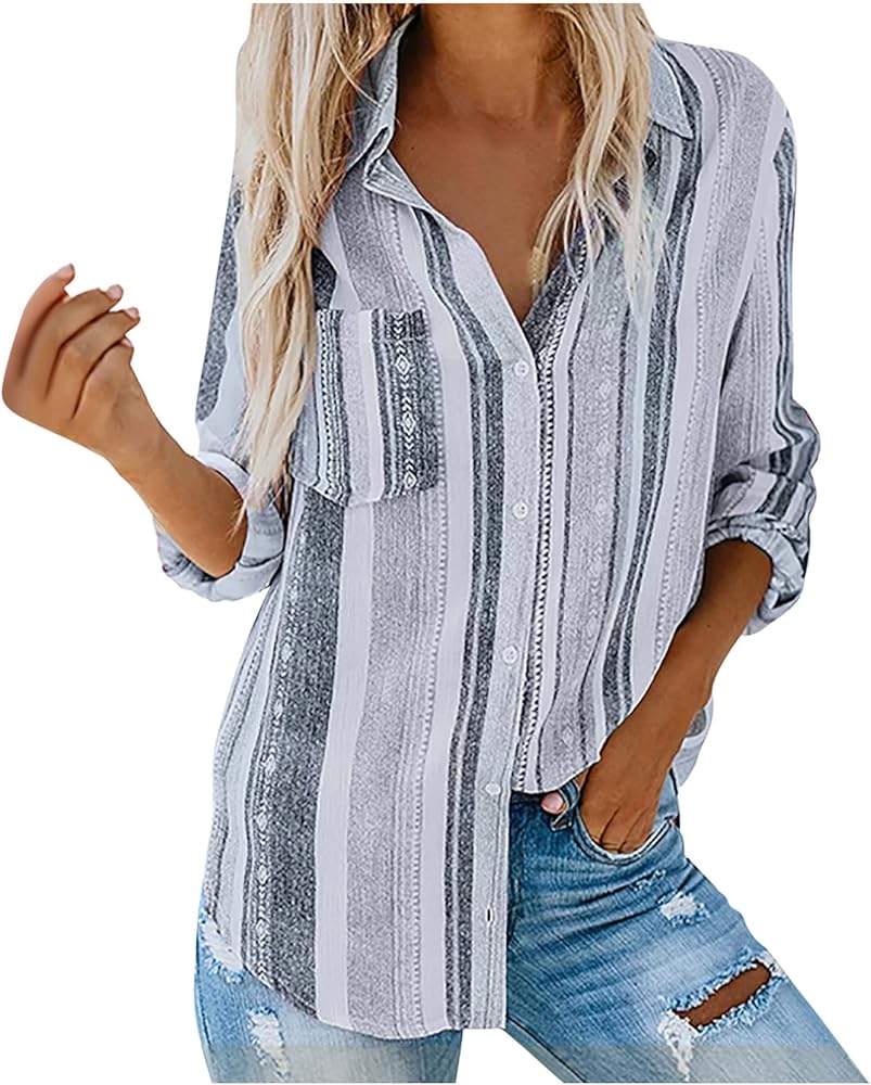 Women's Casual Tops Y2K Button Down Striped Beach Shirts Summer Loose Fit Holiday Bathing Suit Cover Ups with Pocket