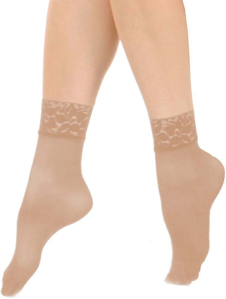 Angelina Nylon Spandex Sheer Anklet Stocking with Lace (6-Pairs)