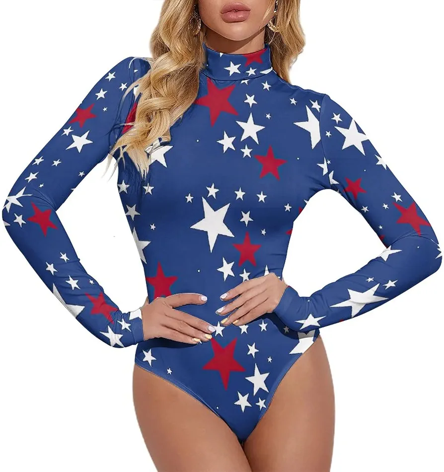 American Flag Stars Women's Mock Turtle Neck Long Sleeve Tops Basic Bodysuit Jumpsuit Clothing S