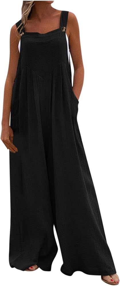 SMIDOW Travel Jumpsuits For Women Casual Loose Sleeveless Bib Overalls Solid Wide Leg Tall Pants Romper With Pockets