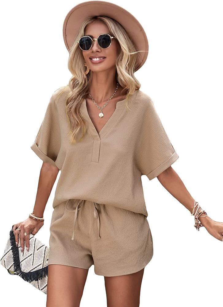 WDIRARA Women's 2 Piece Outfit Notched V Neck Short Sleeve Tee and Tie Front Shorts Set