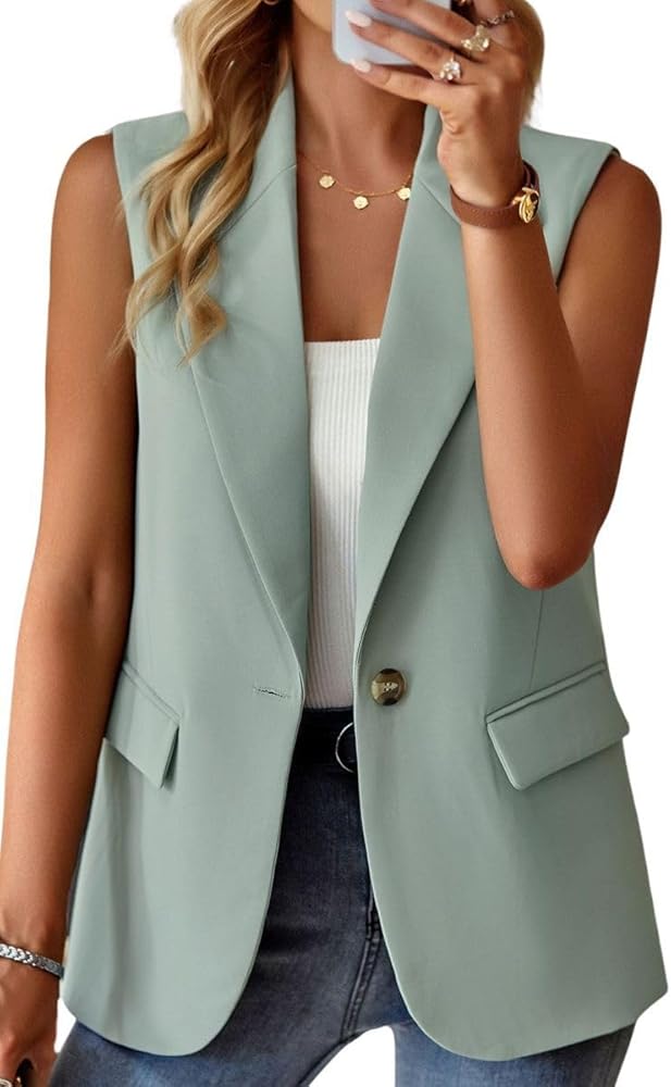 Women's Sleeveless Blazer Jackets Vest Summer Open Front Button Lapel V Neck Work Office Waistcoat with Pockets