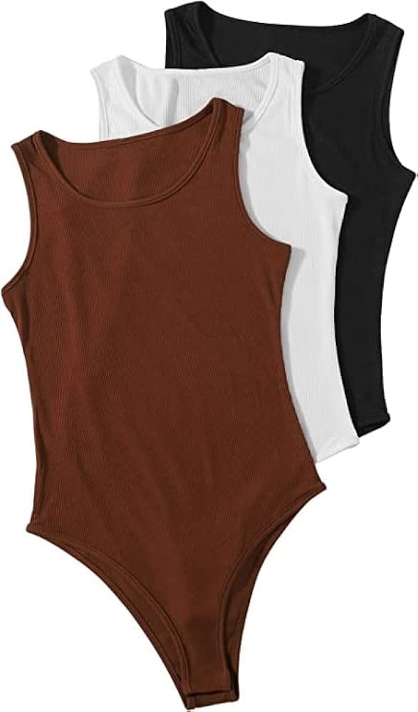 SHENHE Women's 3pc Sleeveless Bodysuit Pack Ribbed Knit Skinny Basic Tank Top Black White Maroon L