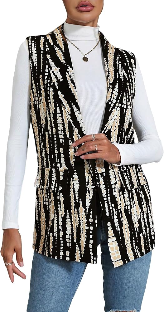 WDIRARA Women's Printed Vest Blazer Shawl Collar Open Front Loose Fit Casual Sleeveless Vest Blazer Jacket