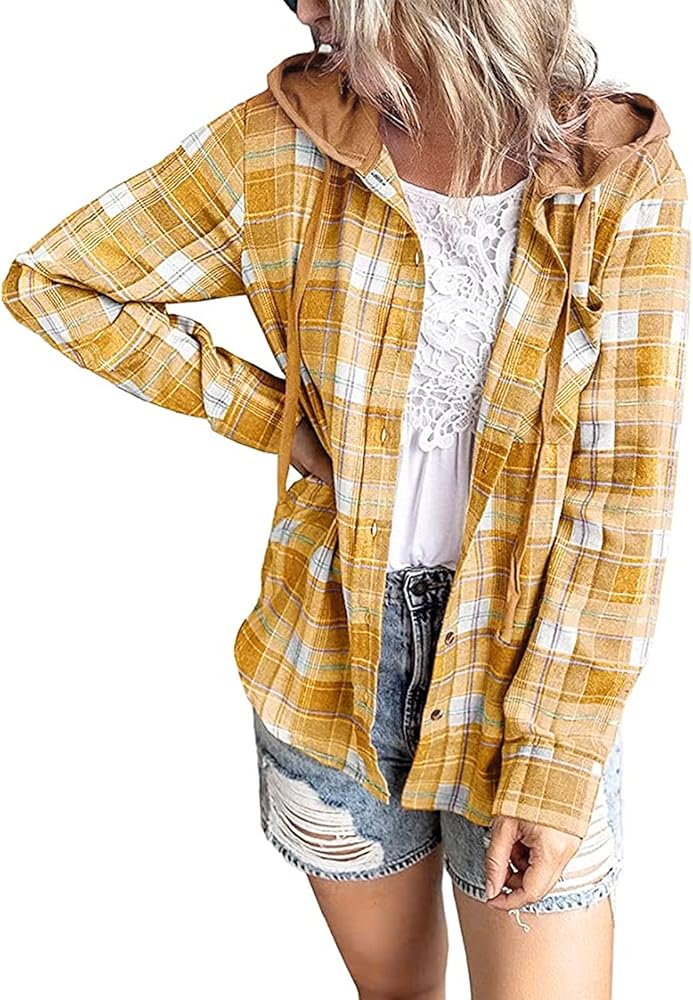 Fall Jackets for Women 2023, Casual Loose Plaid Flannel Long Sleeve Button Down Hoodie Coat