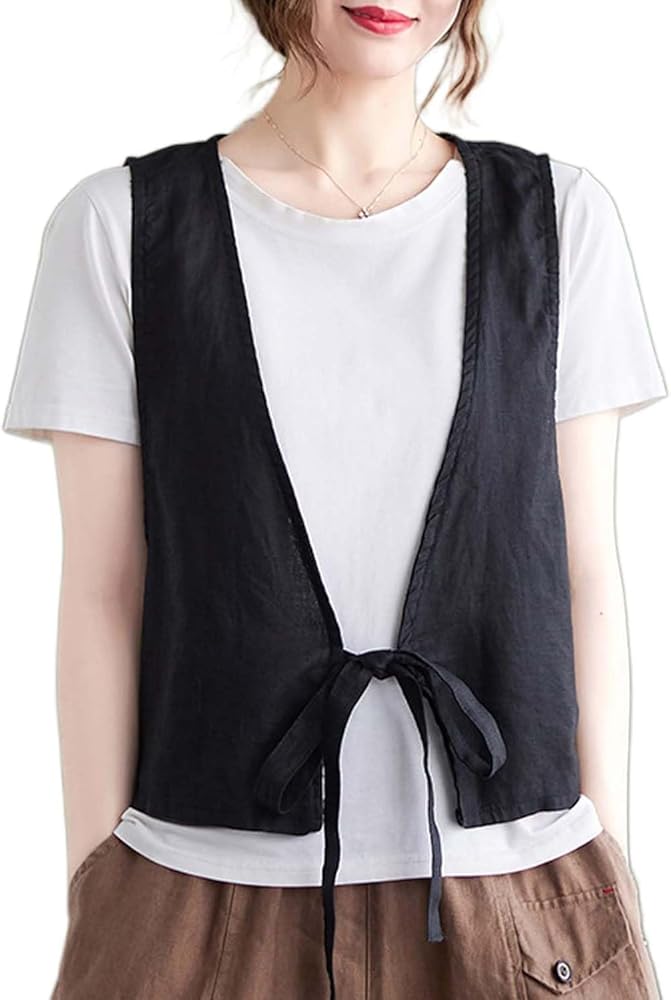 Women's Cotton Linen Vest Casual Sleeveless Jacket Tie Front Blazer Waistcoat Lightweight Summer Vest