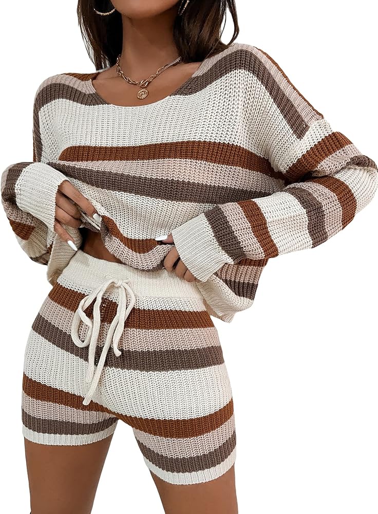 GORGLITTER Women's 2 Piece Sweater Set Striped Long Sleeve Pullover and Knit Drawstring Shorts Set