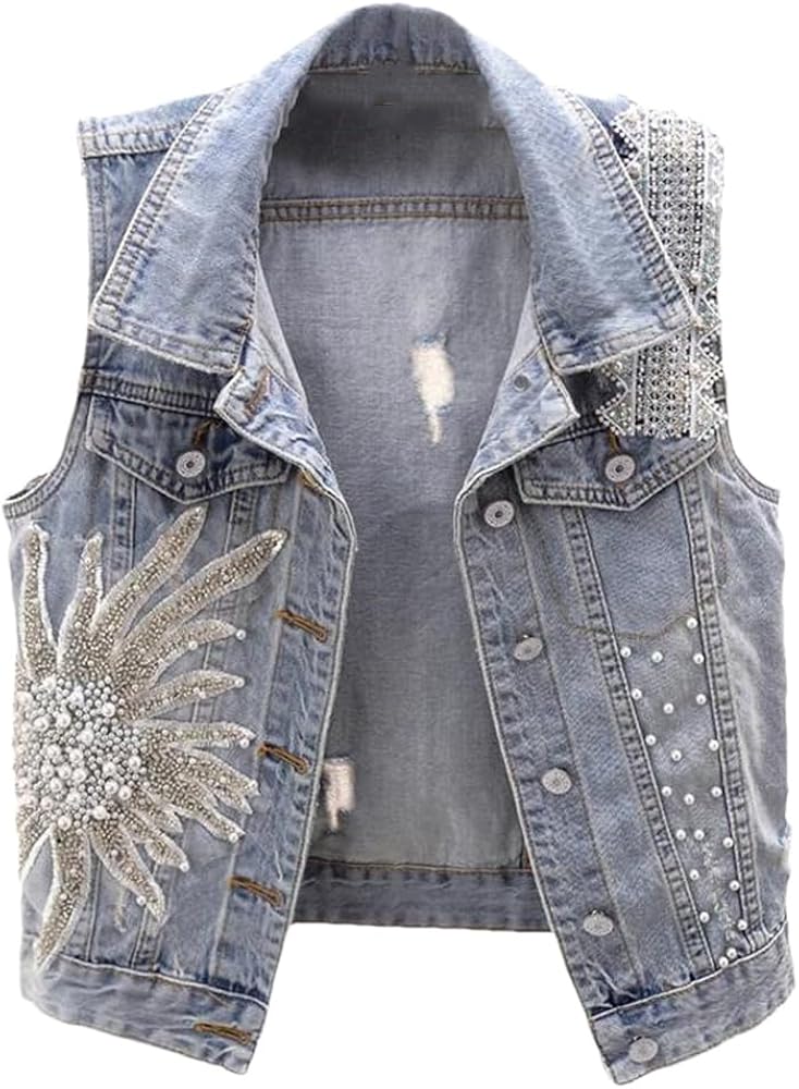 Summer Lace Beading Flowers Denim Vest Women Washed Waistcoat Slim Short Hole Sleeveless Jacket Jeans Vests