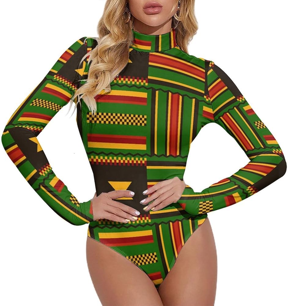 Kente Cloth Tribal Print Women's Bodysuit Tops Turtle Neck Long Sleeve Jumpsuit Print T Shirt