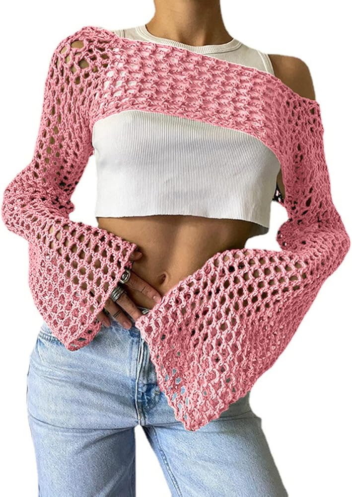 Women's Mesh Crochet Crop Tops Shrugs Sexy Y2k Hollow Out Cropped Knit Sweater See Through Bikini Cover Ups