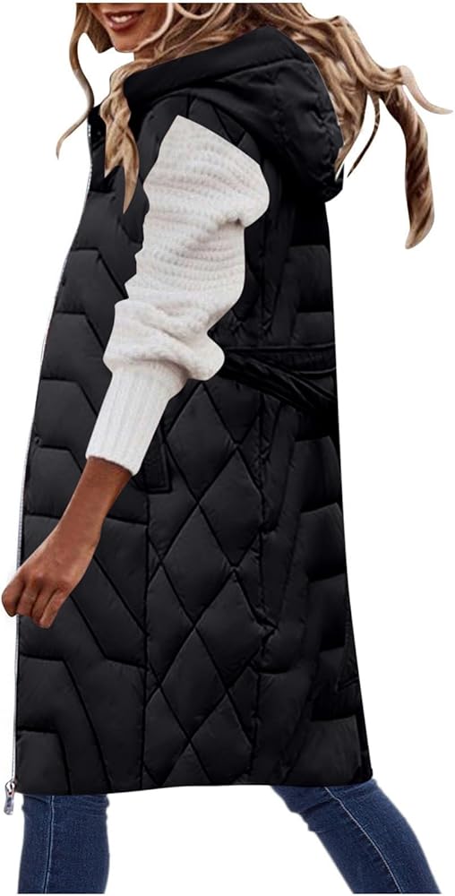 Womens Long Puffer Vest Winter Warm Sleeveless Thicken Cotton Padded Coat Zip Up Pockets Hooded Jacket Belt Down Gilet