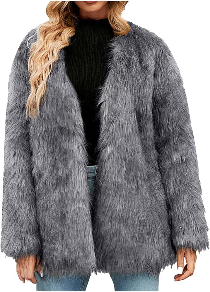 Faux Fur Jackets for Women Fashion Sexy Open Front Cardigan Jackets Winter Warm Fur Coat with Pocket Long Sleeve Outwear