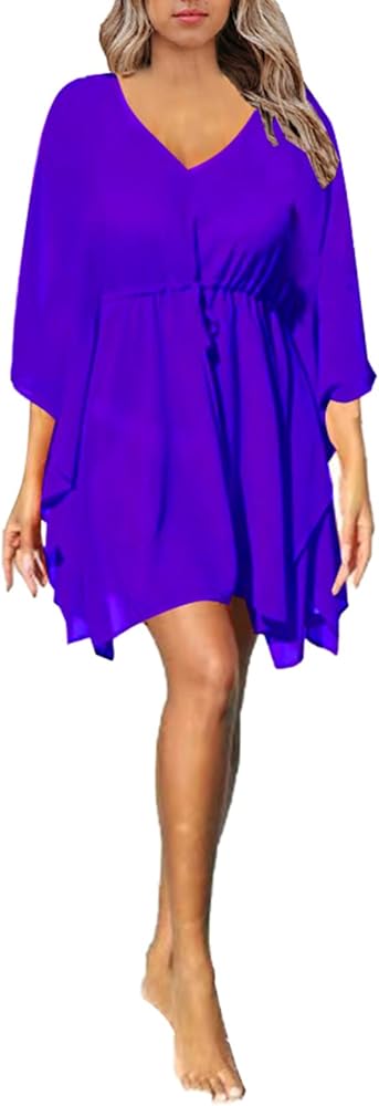 Women's Cover Up Dress Short Sleeve Chiffon Loose V-Neck Swimsuit Coverup for Women Beachwear