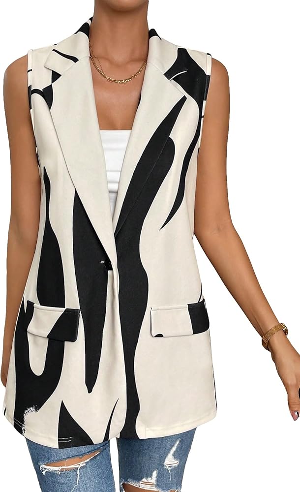 WDIRARA Women's Allover Print Notched Lapel Collar Vest Sleeveless Work Blazer Jacket