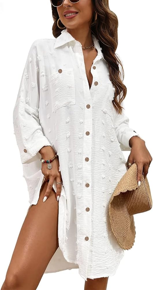 Beach Cover Ups for Women Swimsuit Coverup Button Down Shirt Beach Dresses Bathing Suit Cover Up Bikini Cover Up