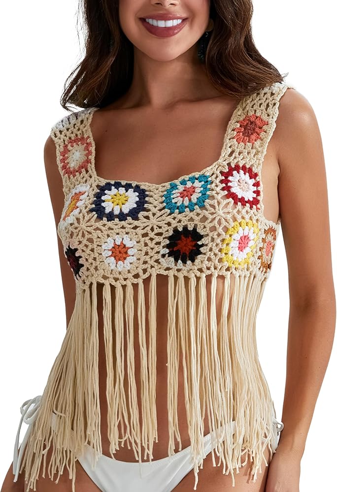 X-Small Size & Small Size Womens Crochet Tank Top Knit Colorful Floral Embroidery Summer Boho Camisole Hollow Out Top