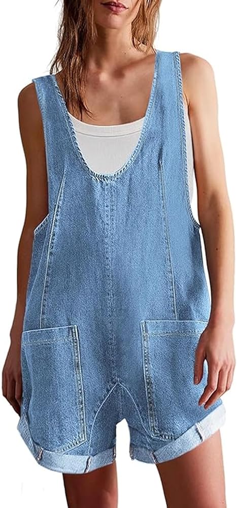 Women’s Summer Denim Rompers Adjustable Strap Jean Shortalls Short Overalls Jumpsuits with Pockets