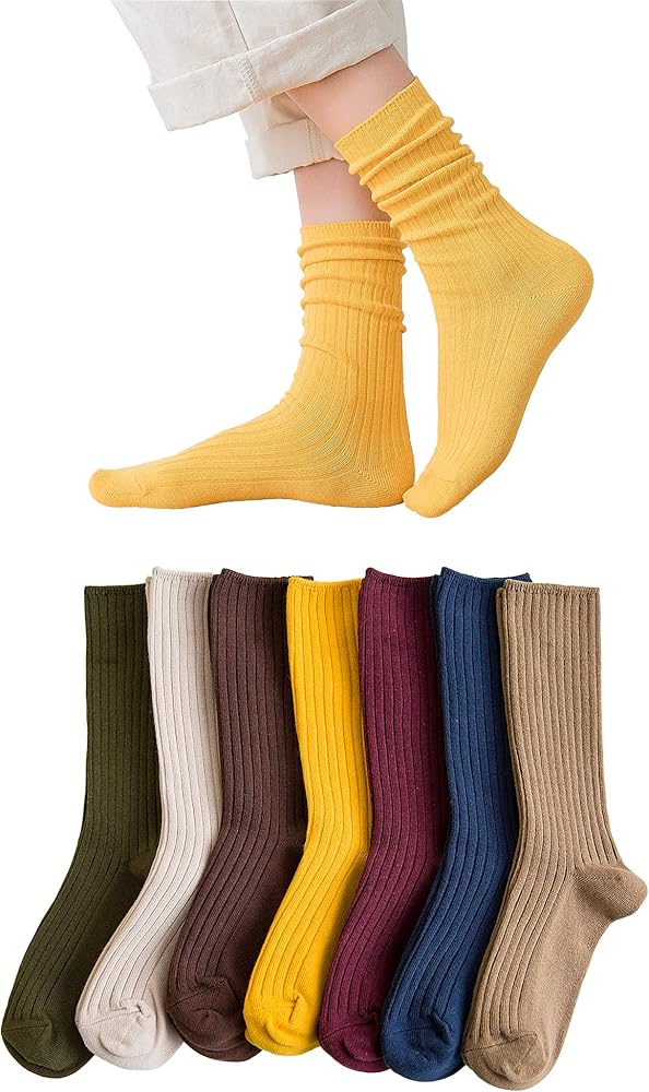 Womens Cotton Crew Socks Soft Cotton Casual Solid Color Socks Stretchy Above Ankle Socks for Women Girls 7Pairs